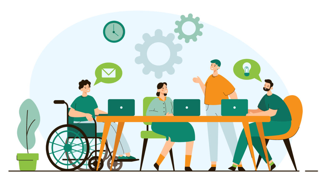Modern, flat illustration of a team of disabled employees working collaborating effectively, colored in bright greens and oranges.